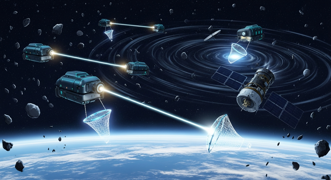 AI-driven debris collectors clear the swirling shrapnel of Low Earth Orbit.